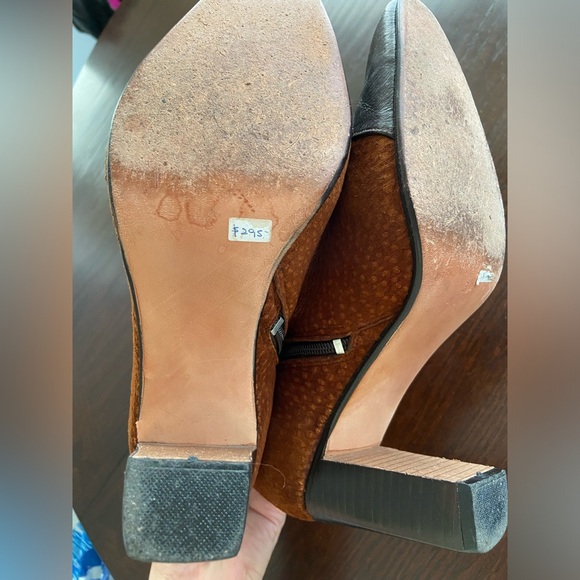 Suede & Leather Color block Stacked Heel Booties Brown Sz 8 $295 - Picture 9 of 15